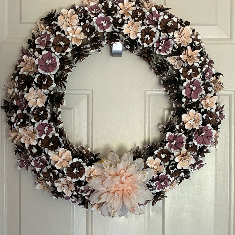 Elegant Floral Pinecone  Wreath - Brown and Cream